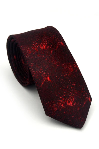 Kırmızı Desenli Bordo Dokuma Kumaş Mendilli Slim Fit Kravat // SDK-2613-4 ürün görseli 1