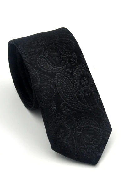Siyah Şal Desenli Dokuma Kumaş Mendilli Slim Fit Kravat // SDK-2603-1 ürün görseli 1