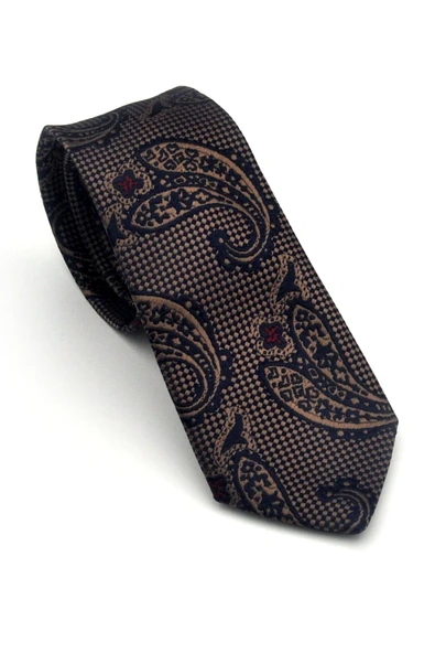 Kahverengi Şal Desenli Lacivert Dokuma Kumaş Mendilli Slim Fit Kravat // SDK-2606-2 ürün görseli 1
