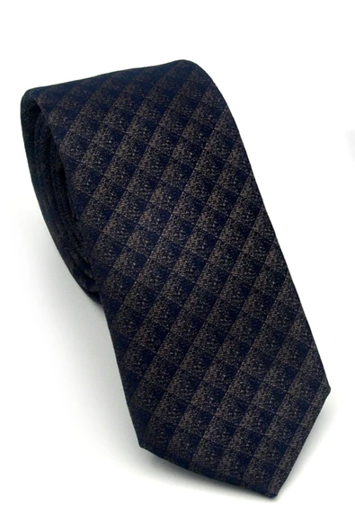 Lacivert Küp Desenli Kahverengi Dokuma Kumaş Mendilli Slim Fit Kravat // SDK-2605-7 ürün görseli 1