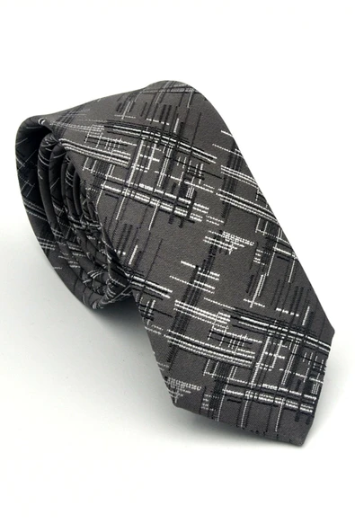 Siyah Beyaz Kırcıl Desenli Gri Dokuma Kumaş Mendilli Slim Fit Kravat // SDK-2611-3 ürün görseli 1