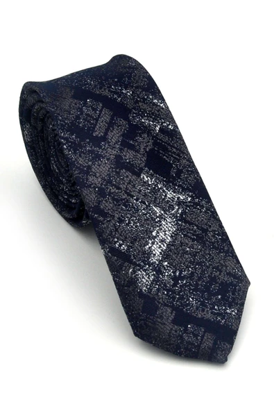 Gri Desenli Lacivert Dokuma Kumaş Mendilli Slim Fit Kravat // SDK-2608-2 ürün görseli 1