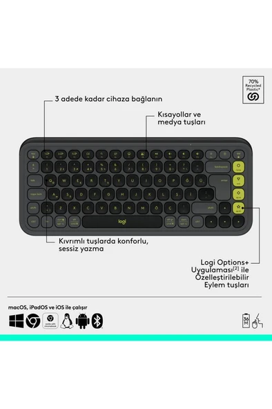Logitech Pop Icon Combo 920-013075 Gri Kablosuz Klavye Mouse Seti Teşhir - Resim 7