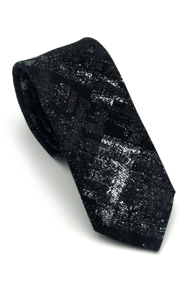 Gri Desenli Siyah Dokuma Kumaş Mendilli Slim Fit Kravat // SDK-2608-1 ürün görseli 1
