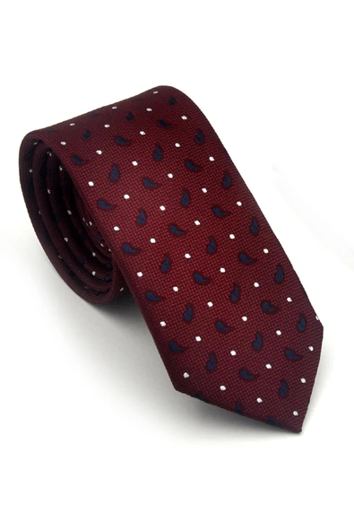 Beyaz Lacivert Desenli Bordo Dokuma Kumaş Mendilli Slim Fit Kravat // SDK-2612-4 ürün görseli 1