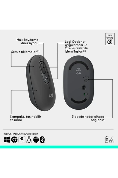Logitech Pop Icon Combo 920-013075 Gri Kablosuz Klavye Mouse Seti Teşhir - Resim 8