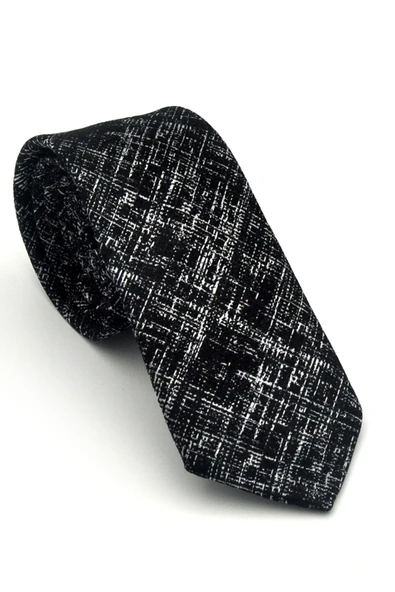 Beyaz Kırcıl Desenli Siyah Dokuma Kumaş Mendilli Slim Fit Kravat // SDK-2610-1 ürün görseli 1