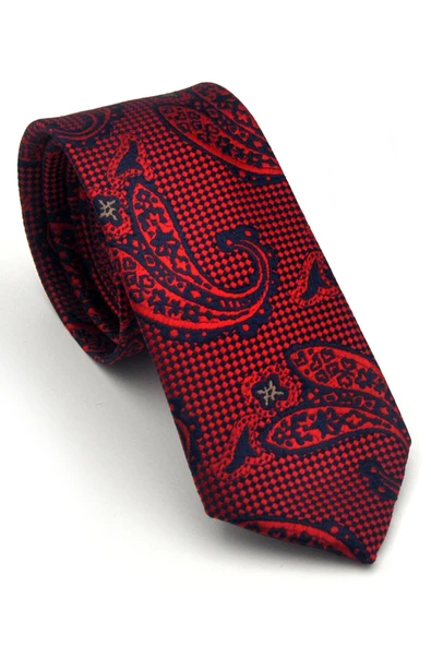 Kırmızı Lacivert Şal Desenli Dokuma Kumaş Mendilli Slim Fit Kravat // SDK-2604-5 ürün görseli 1