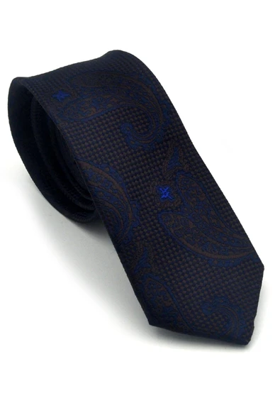 Lacivert Kahverengi Şal Desenli Dokuma Kumaş Mendilli Slim Fit Kravat // SDK-2604-2 ürün görseli 1