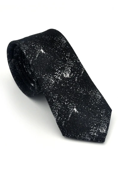 Beyaz Desenli Siyah Dokuma Kumaş Mendilli Slim Fit Kravat // SDK-2613-1 ürün görseli 1