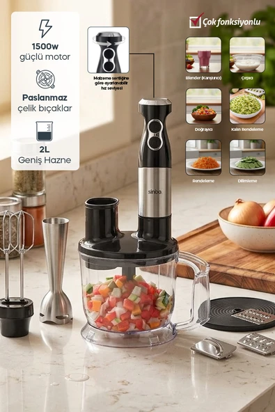 Sinbo SHB-7532 El Blender Seti | 2L Doğrayıcı Hazne | Çırpıcı | Rendeleme & Dilimleme Aparatları | Paslanmaz Çelik ürün görseli 1