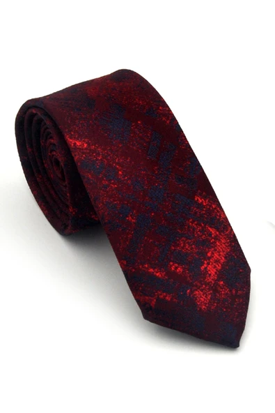Lacivert Kırmızı Desenli Bordo Dokuma Kumaş Mendilli Slim Fit Kravat // SDK-2608-4 ürün görseli 1