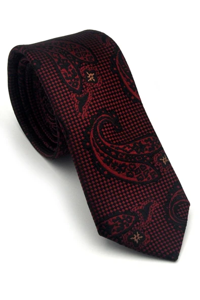 Bordo Lacivert Şal Desenli Dokuma Kumaş Mendilli Slim Fit Kravat // SDK-2604-4 ürün görseli 1