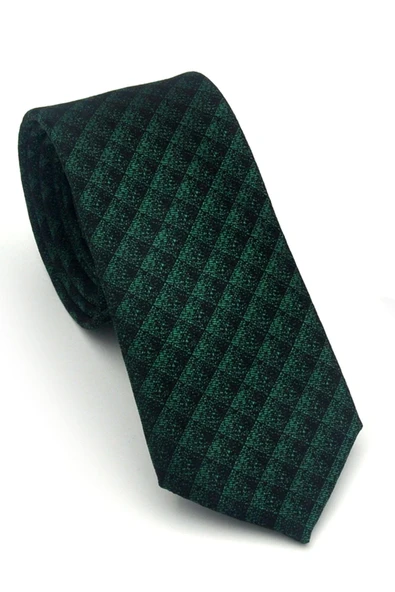 Siyah Küp Desenli Yeşil Dokuma Kumaş Mendilli Slim Fit Kravat // SDK-2605-8 ürün görseli 1