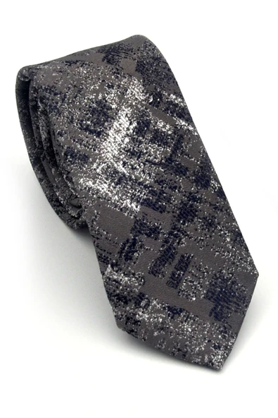 Lacivert Desenli Gri Dokuma Kumaş Mendilli Slim Fit Kravat // SDK-2608-3 ürün görseli 1