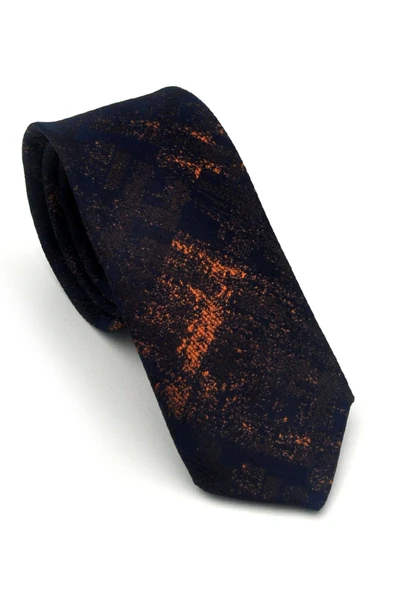 Bej Kahverengi Desenli Lacivert Dokuma Kumaş Mendilli Slim Fit Kravat // SDK-2608-6 ürün görseli 1