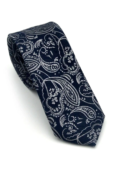 Gri Şal Desenli Lacivert Dokuma Kumaş Mendilli Slim Fit Kravat // SDK-2607-2 ürün görseli 1