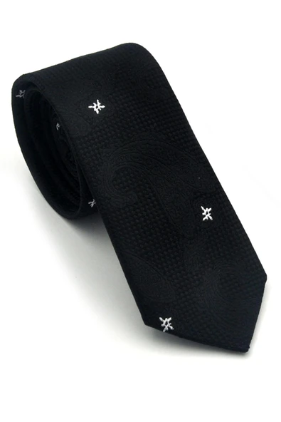 Siyah Şal Desenli Dokuma Kumaş Mendilli Slim Fit Kravat // SDK-2604-1 ürün görseli 1