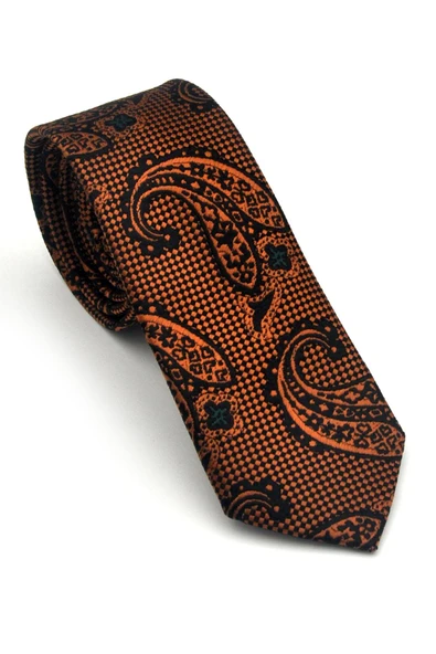 Açık Kahverengi Şal Desenli Siyah Dokuma Kumaş Mendilli Slim Fit Kravat // SDK-2606-1 ürün görseli 1