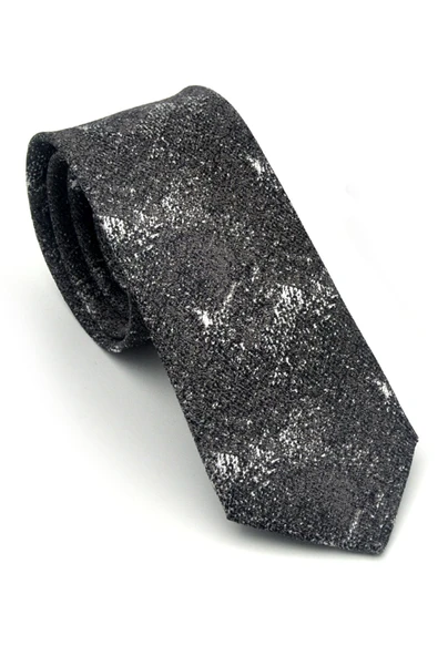 Gri Desenli Füme Dokuma Kumaş Mendilli Slim Fit Kravat // SDK-2613-3 ürün görseli 1