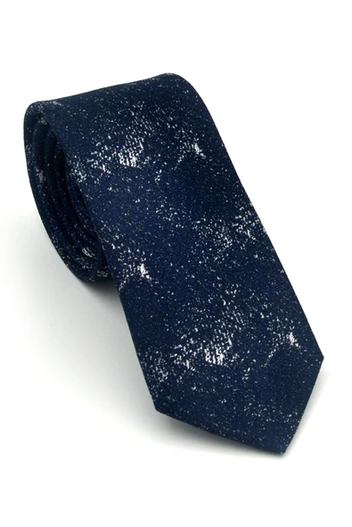 Gri Desenli Lacivert Dokuma Kumaş Mendilli Slim Fit Kravat // SDK-2613-2 ürün görseli 1