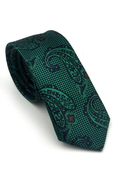 Zümrüt Yeşil Şal Desenli Lacivert Dokuma Kumaş Mendilli Slim Fit Kravat // SDK-2606-5 ürün görseli 1