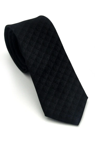 Gri Küp Desenli Siyah Dokuma Kumaş Mendilli Slim Fit Kravat // SDK-2605-1 ürün görseli 1