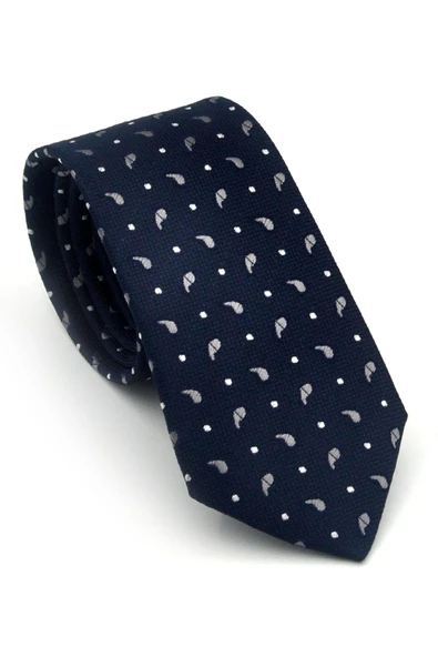 Beyaz Füme Desenli Lacivert Dokuma Kumaş Mendilli Slim Fit Kravat // SDK-2612-2 ürün görseli 1