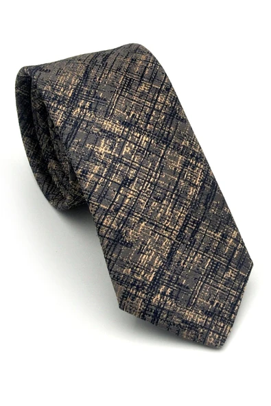 Lacivert Bej Kırcıl Desenli Gri Dokuma Kumaş Mendilli Slim Fit Kravat // SDK-2610-3 ürün görseli 1