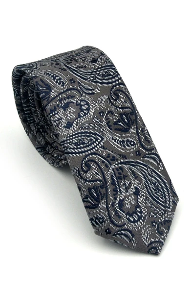 Lacivert Şal Desenli Gri Dokuma Kumaş Mendilli Slim Fit Kravat // SDK-2607-3 ürün görseli 1