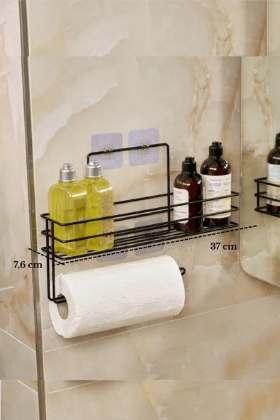 Siyah Renk Modern Banyo Rafı | Çok Amaçlı Yapışkanlı Duş Organizer ve Kağıt Havluluk ürün görseli 1