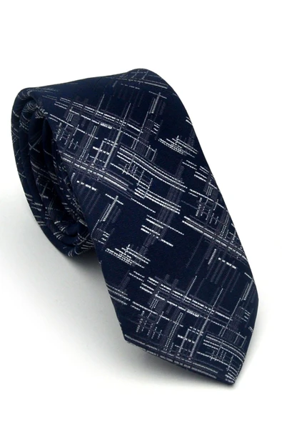 Gri Kırcıl Desenli Lacivert Dokuma Kumaş Mendilli Slim Fit Kravat // SDK-2611-2 ürün görseli 1