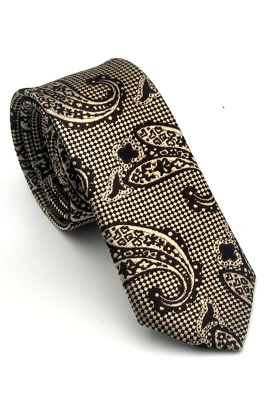 Bej Şal Desenli Kahverengi Dokuma Kumaş Mendilli Slim Fit Kravat // SDK-2606-4 ürün görseli 1