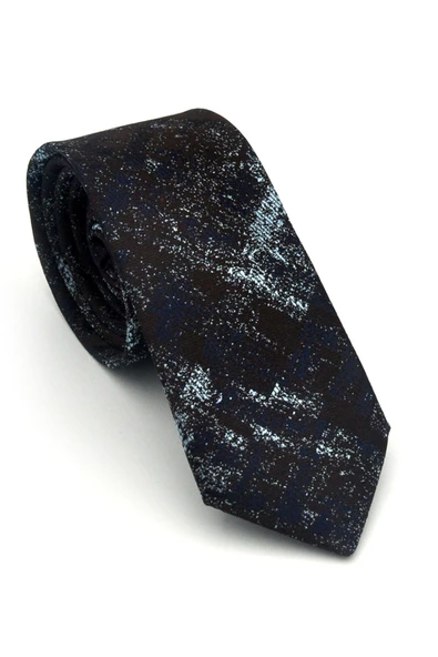 Turkuaz Lacivert Desenli Kahverengi Dokuma Kumaş Mendilli Slim Fit Kravat // SDK-2608-7 ürün görseli 1