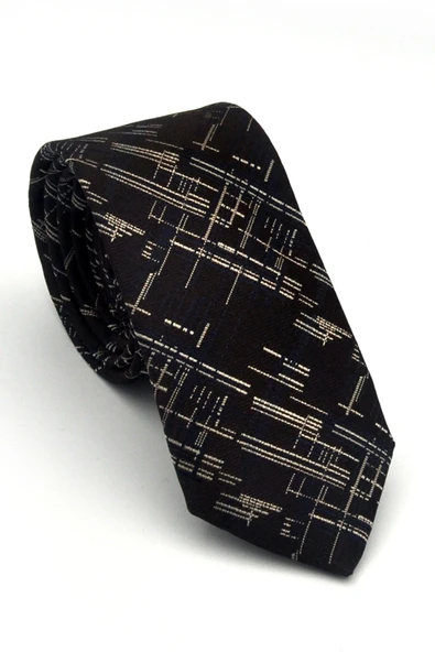 Bej Lacivert Kırcıl Desenli Kahverengi Dokuma Kumaş Mendilli Slim Fit Kravat // SDK-2611-5 ürün görseli 1