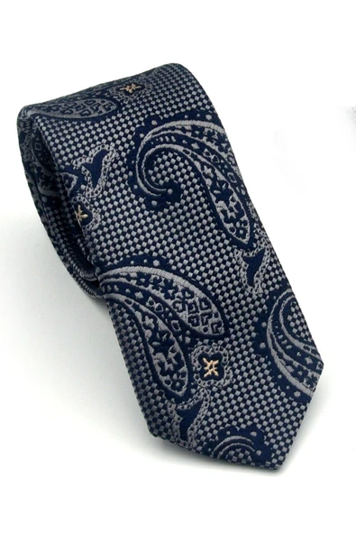 Gri Şal Desenli Lacivert Dokuma Kumaş Mendilli Slim Fit Kravat // SDK-2606-3 ürün görseli 1