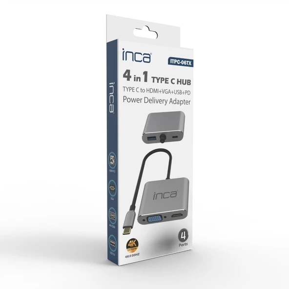 Inca İtpc-06Tx Usb C 4İn1 – Hdmi+Vga+Usb+Güç Dağıtım Adaptörü 4K@30Hz Hdmi Çoklayıcı 100W Pd ürün görseli 1