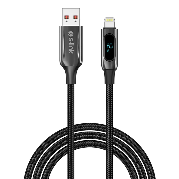 S-Link Armor Led Ul-012 12W 1 Metre Usb To Lightning Pd Örgülü Led Başlıklı Siyah Hızlı Şarj Kablosu ürün görseli 1