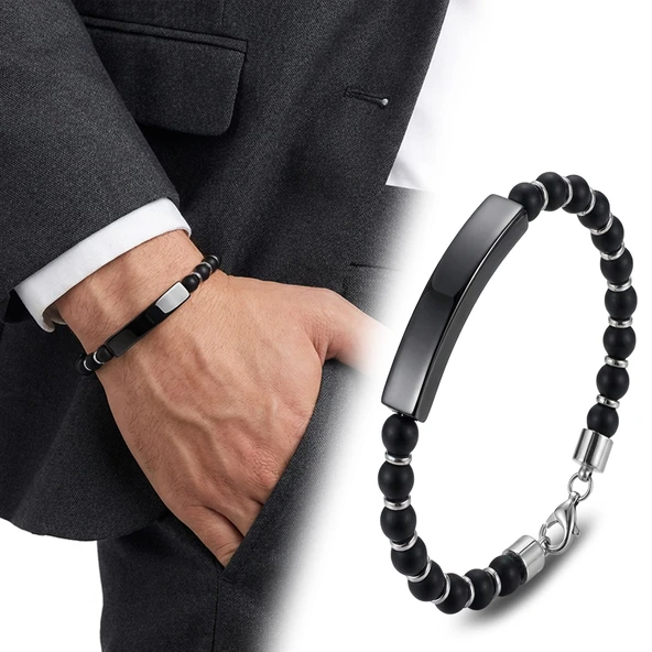 ? Premium Oniks Siyah İsim Yazılabilir Ve Ayarlanabilir Çelik Zincir Bileklik 31832B29D7  -  23 cm ürün görseli 1