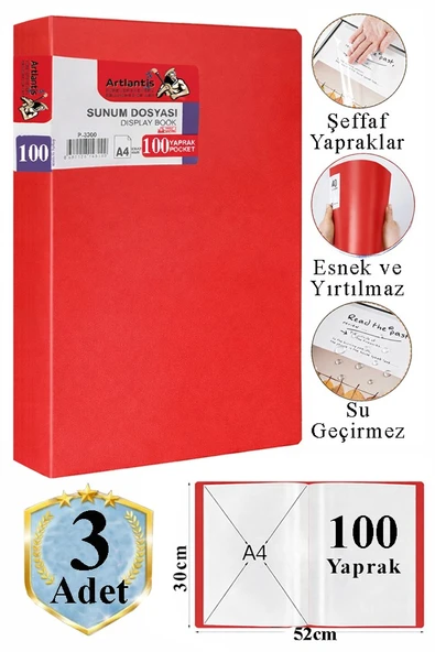 Kırmızı Sunum Dosyası 100 lü 3 Adet Poşet Dosyalı Katalog Dosyası 100 Poşetli Kendinden Dosya Plastik Kapaklı ürün görseli 1