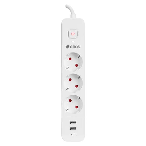 S-Link Spg03Tc 5V2.4A 1.5 Metre 3X1.00Mm 100 Yüzde Bakır 750 Joule 3 Lü Anahtarlı Akım Korumalı Beyaz Priz ürün görseli 1