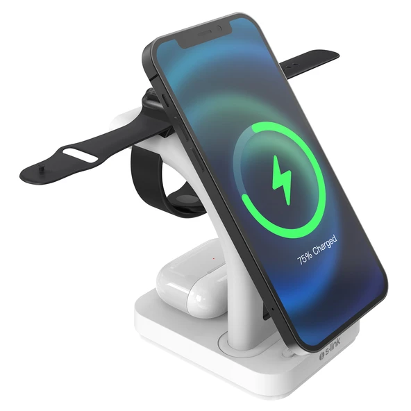 S-Link Sw-Cwf130 Beyaz Telefon Kulaklık Akıllı Saat 15W 3 İn 1 Magsafe Led Logo Kablosuz Şarj Cihaz ürün görseli 1