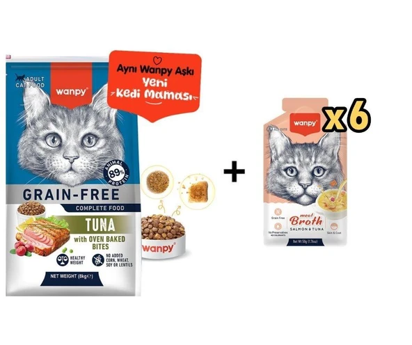 Wanpy Tahılsız Ton Balıklı Yetişkin Kedi Maması 8 kg + 6 Adet Wanpy Somonlu ve Ton Balıklı Kedi Çorbası 50 Gr ürün görseli 1