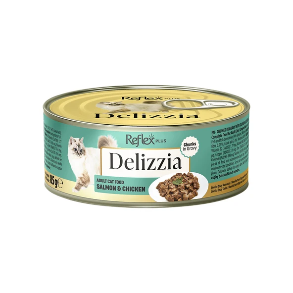 Reflex Plus Delizzia Sos İçinde Parça Somonlu ve Tavuk Etli Yetişkin Kedi Maması (85 g) ürün görseli 1