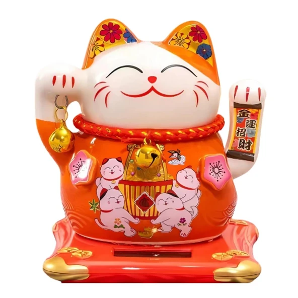 Seramik Maneki Neko Turuncu Güneş Enerjili Şans Kedisi 12cm No.4 ürün görseli 1