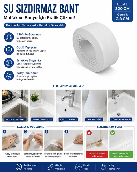 3B Trend Su Sızdırmaz Bant Kendinden Yapışkanlı Mutfak Banyo Lavabo Küvet Kenar İzolasyon Bandı ürün görseli 1