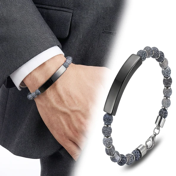 ? Premium Mat Akik Siyah İsim Yazılabilir Ve Çelik Zincir Bileklik 31832B29D4  -  23 cm ürün görseli 1