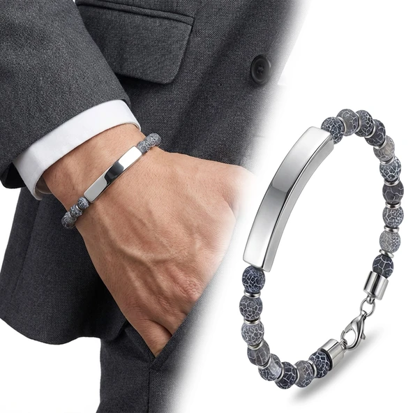 ? Premium Mat Akik Beyaz İsim Yazılabilir Çelik Zincir Bileklik 31832B29D3  -  23 cm ürün görseli 1