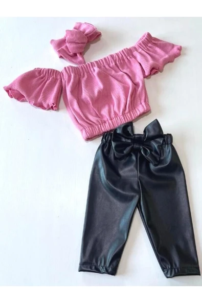 Kız Çocuk, Likralı Deri Fiyonk Detaylı Pantolon, Pembe Straplez Crop Bluz Ve Saç Bandı Takımı. ürün görseli 1