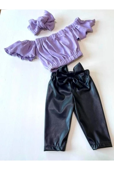 Kız Çocuk, Likralı Deri Fiyonk Detaylı Pantolon, Lila Straplez Crop Bluz Ve Saç Bandı Takımı. ürün görseli 1